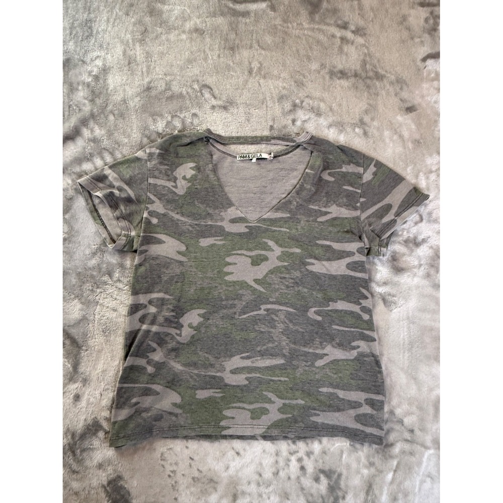 Pam & Gela T-Shirt Womens S Gray V-Neck Short Sleeve Cutout Cut Out